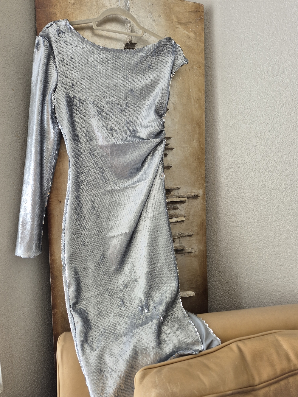💕Delfi Collective Silver One-Shoulder Sequin Evening Dress With Side Slit💕